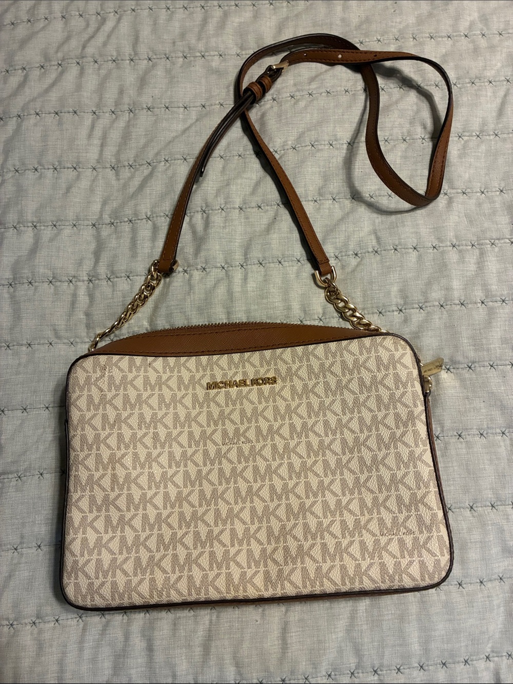 Michael Kors Beige Signature MK Crossbody with Tan Trim